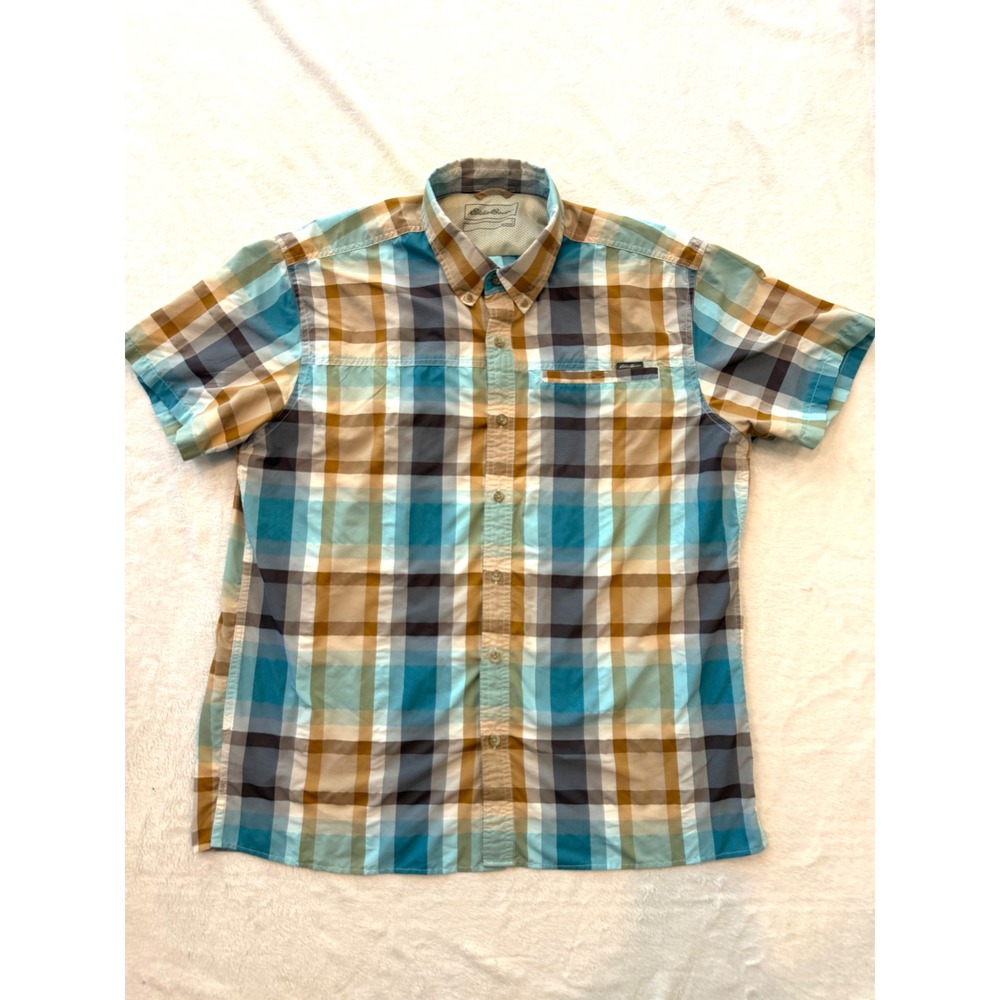 Eddie Bauer Mens Large‎ Blue Tan Plaid Short Sleeve Hiking Button Down Shirt